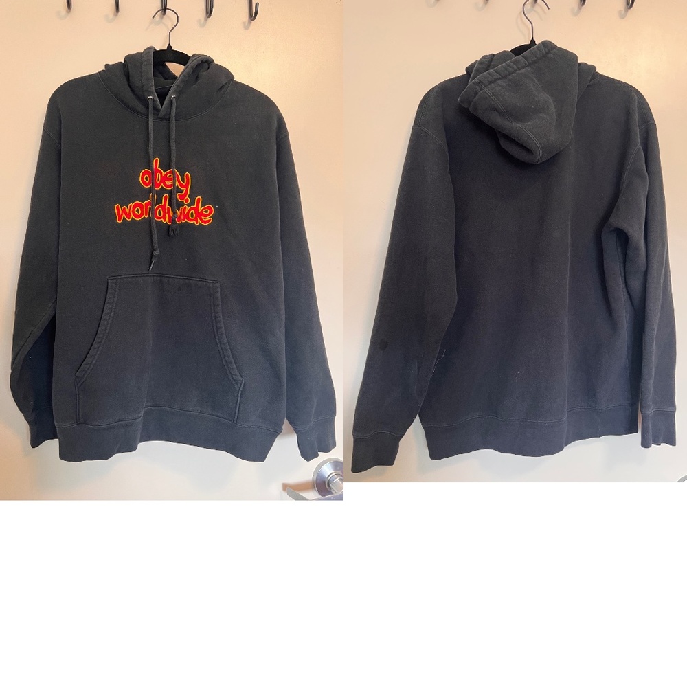 black obey worldwide red and orange embroidered logo hoodie size medium